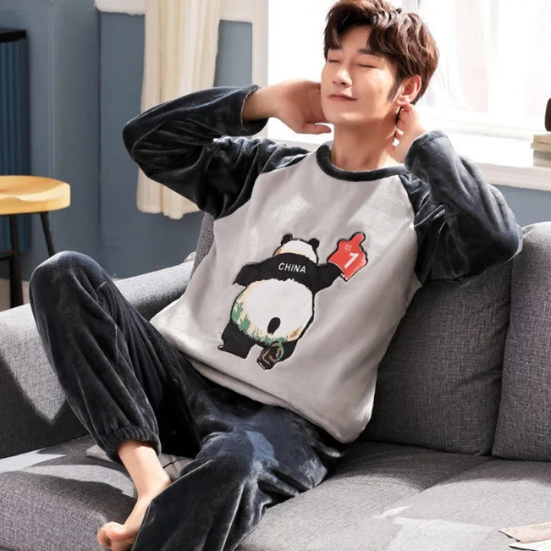 Autumn Winter Oversized Cartoon Print Pajamas for Men Letter Crew Neck New 2025 Men's Pajamas Set Fashion Soft Casual Homewear