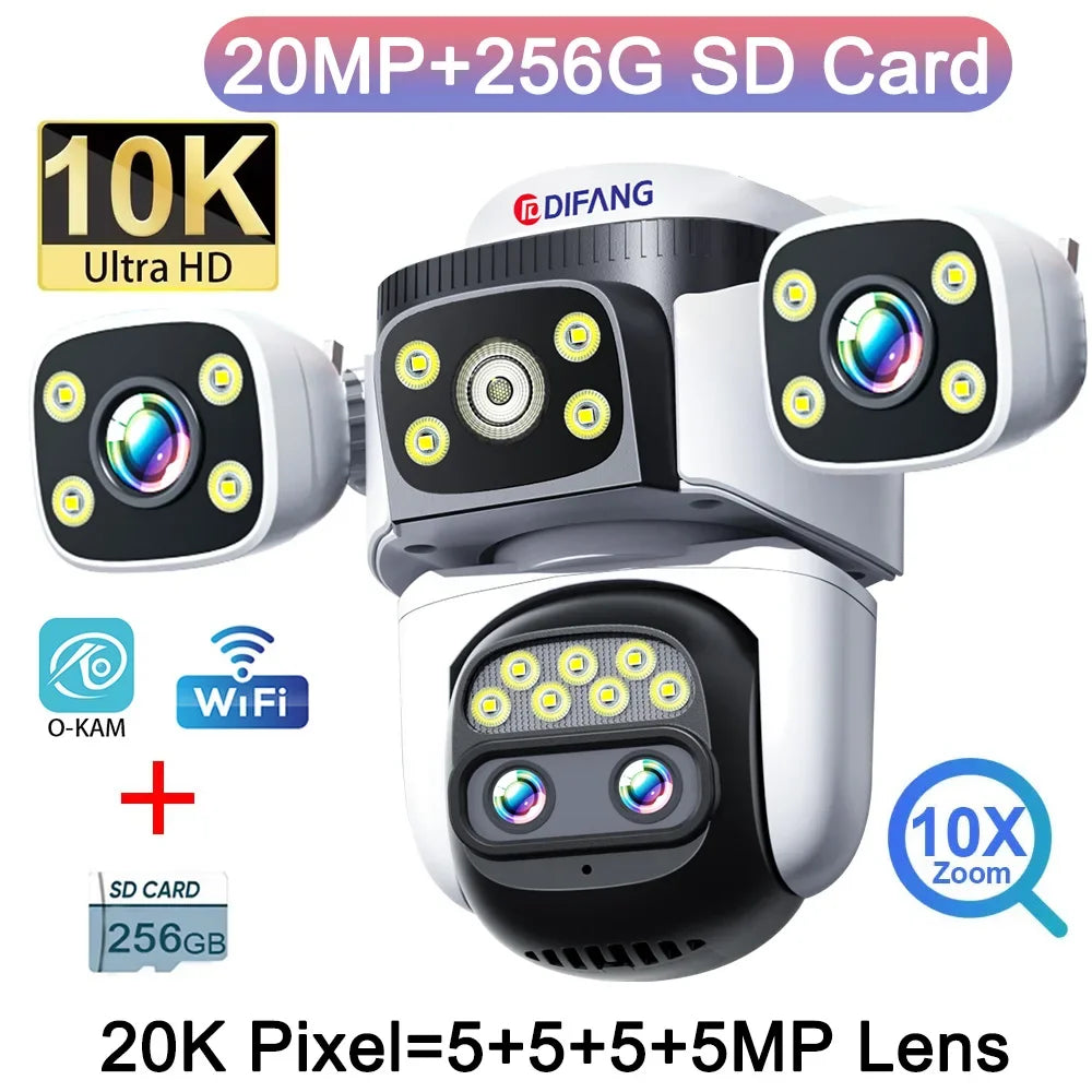 10K WiFi Cam 20MP Wireless Outdoor 10X Zoom Three Screen Four Lens 720° PTZ Automatic Tracking Waterproof Security Camera CCTV