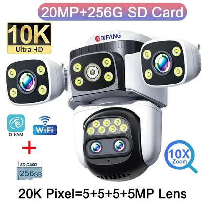 10K WiFi Cam 20MP Wireless Outdoor 10X Zoom Three Screen Four Lens 720° PTZ Automatic Tracking Waterproof Security Camera CCTV