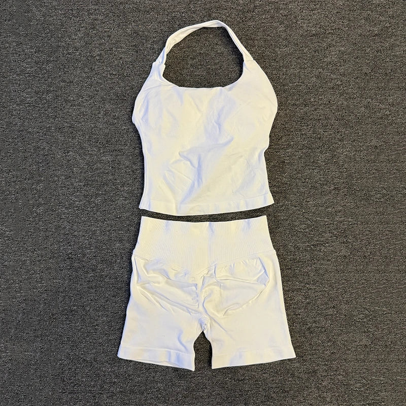 Yoga Gym Set Halter Top Set Yoga Leggings Shorts Set Backless Tights Bra Vest Seamless Stretch Ribbed Buttocks Lift Shorts Set