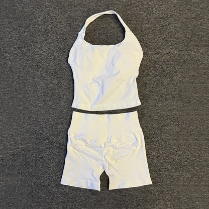 Yoga Gym Set Halter Top Set Yoga Leggings Shorts Set Backless Tights Bra Vest Seamless Stretch Ribbed Buttocks Lift Shorts Set