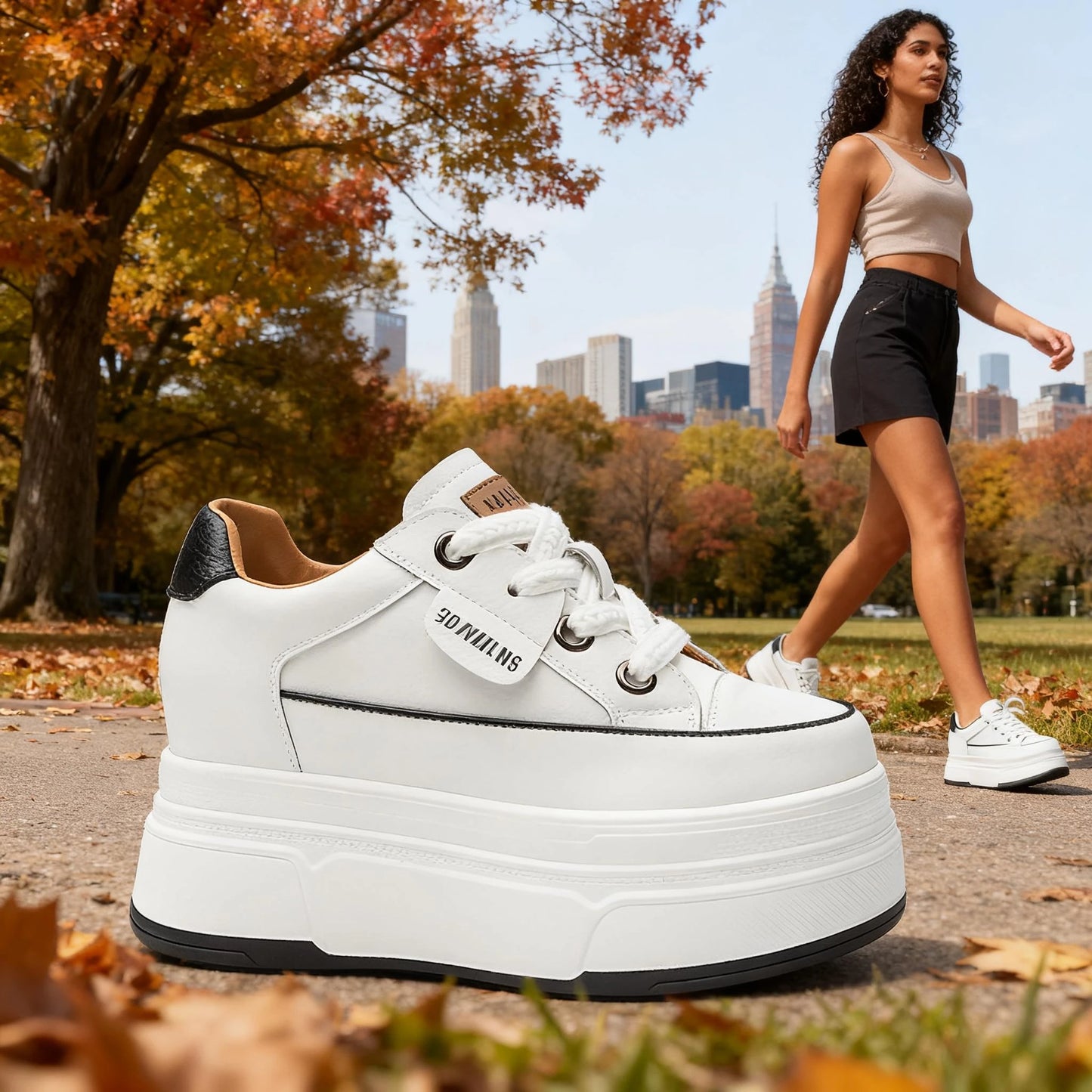 Fujin 9cm 3 inch comfortable platform sneakers for women Genuine Leather Women Vulcanized Shoes Platform High Heels Casual Shoes