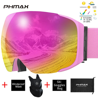 PHMAX Magnetic Ski Goggles UV400 Skiing Eyewear Anti-fog Lens Women Men Winter Outdoor Sports Mountain Snowboard Big Snow Goggle