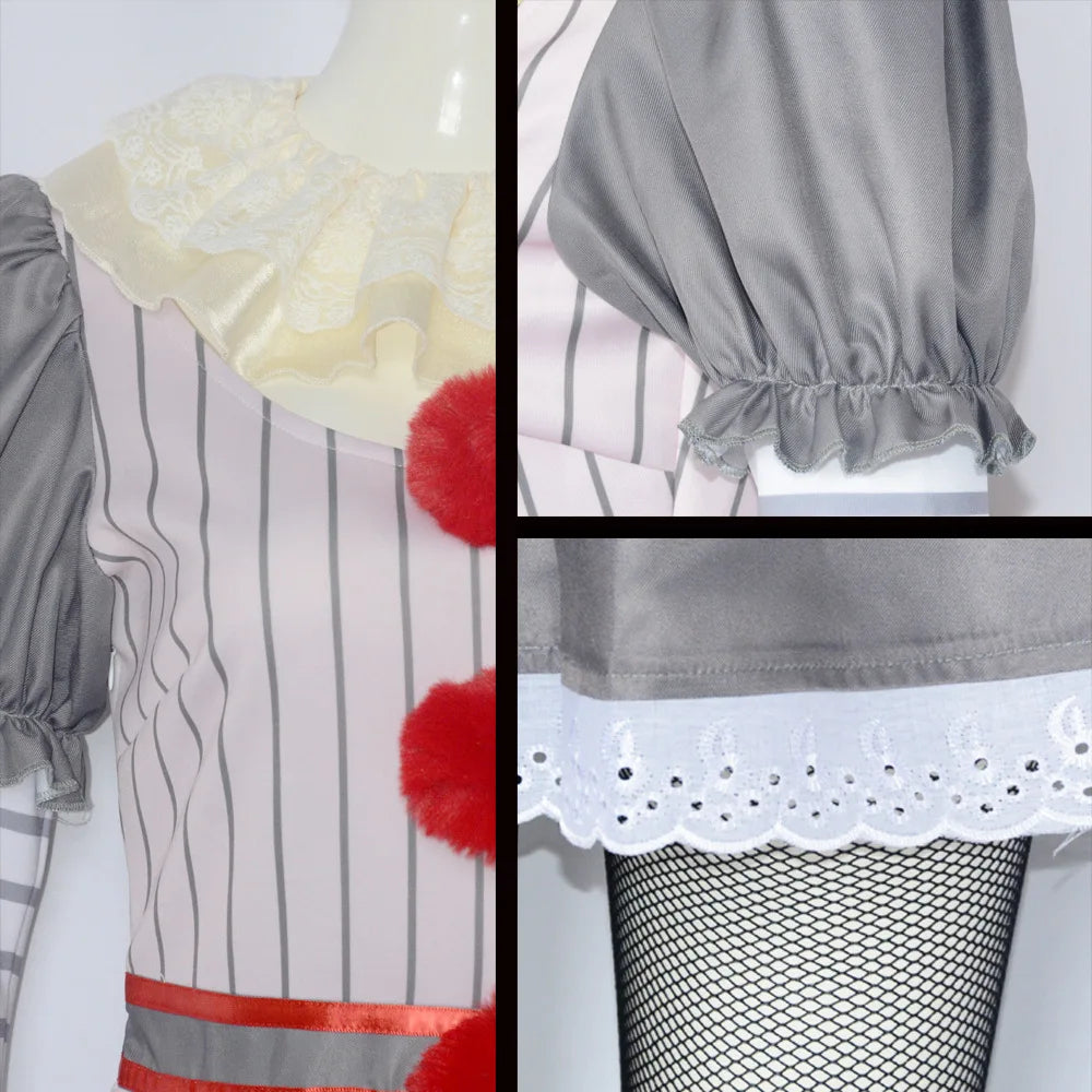 Creepy Killer Clown Halloween Horro Party Cosplay Costume White Dress Scary Roleplay Carnival Women Pennywise Pant Outfit Prop
