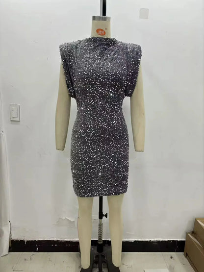 KONDALA Women Sequined Party Dress Shoulder Pad Sheath Mini Dress Sleeveless Nightclub Party Women Elegant Chic Dresses