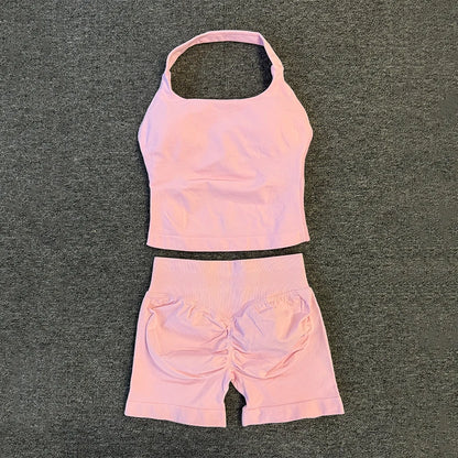 Yoga Gym Set Halter Top Set Yoga Leggings Shorts Set Backless Tights Bra Vest Seamless Stretch Ribbed Buttocks Lift Shorts Set