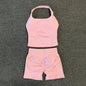 Yoga Gym Set Halter Top Set Yoga Leggings Shorts Set Backless Tights Bra Vest Seamless Stretch Ribbed Buttocks Lift Shorts Set