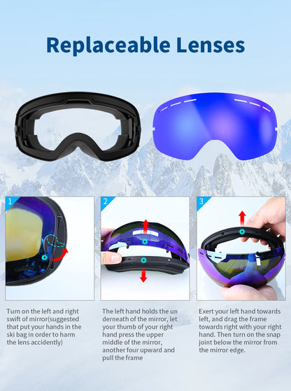 Snowboard Ski Goggles for Men Women UV400 Protection Anti-Fog Ski Glasses Ski Mask Big Face Snow Glasses Skiing Eyewear