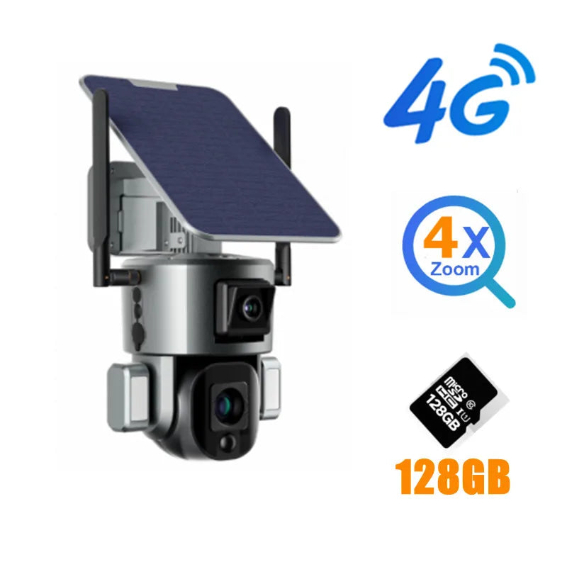 4K 8MP Dual Lens Solar Camera 10X/4X Zoom 4G SIM/WIFI Security Outdoor Camera Humanoid Tracking Color Night Vision Camera Solar