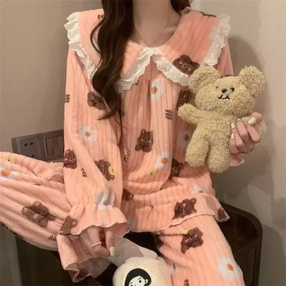 Ruffles Pajamas for Women Autumn Winter Peter Pan Collar Ruffle Sleeve Pajama Top and Elastice Waist Pants 2 Pcs Pajama Sets