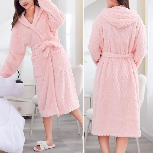 Thicken Fuzzy Robes Bathrobe Long Women Cute Ear Warm Hooded Robe Coral Fleece Kimono Bath Robe Dressing Gown Velvet Sleepwear