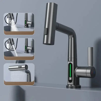 Waterfall Temperature Digital Display Basin Faucet Lift Up Down Stream Sprayer Hot Cold Water Sink Mixer Wash Tap For Bathroom