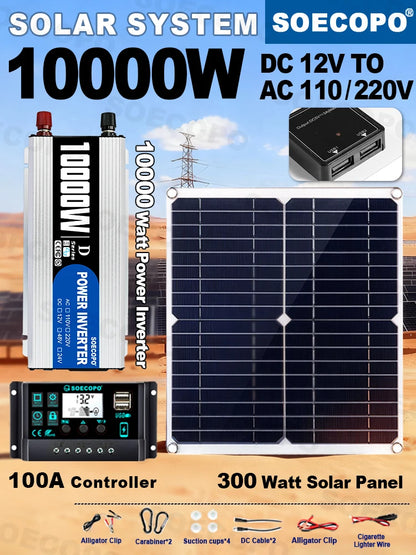 10000W Complete Solar Power Kit | 300W Panel + 100A Controller + 10000W Inverter 12V to 110V/220V Emergency Backup for Home,RV