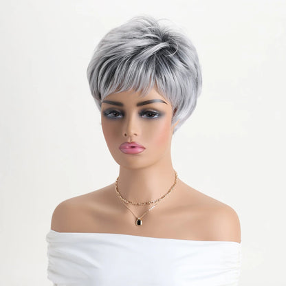 Short Natural Wigs with Bangs Soft Mommy Hair Daily Use Short  Grey Ombre Curly Synthetic Hair Costume Party Wig for Women