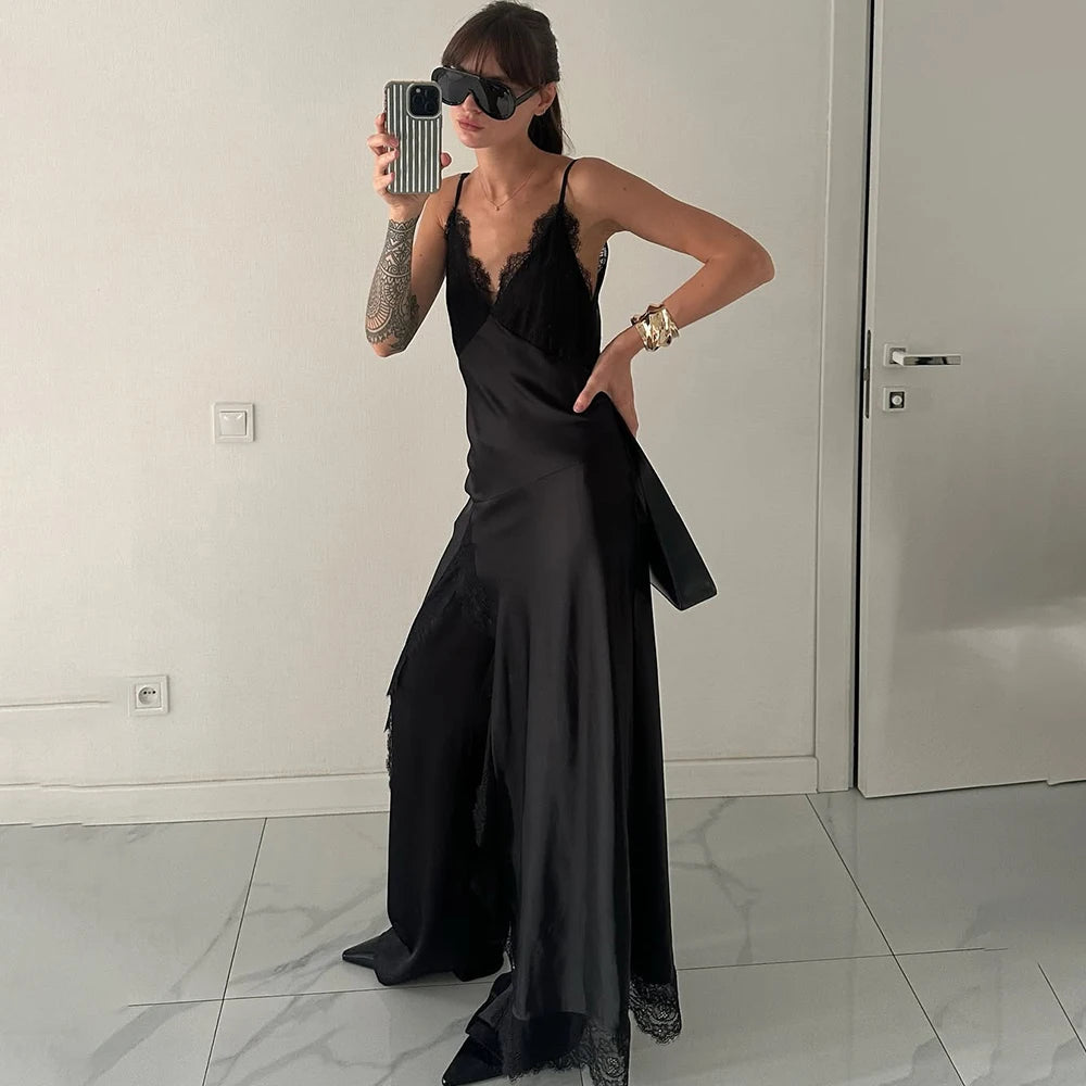 Talenza Black Luxury Evening Dress Women Sexy Lace Patchwork Sleeveless Backless Dress Elegant Party Look Fashion  Female Dress