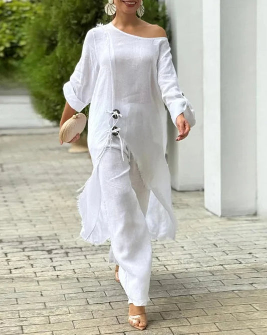 Two Piece Set Women Outfit  Spring Fashion Cold Shoulder Long Sleeve Lace Up Slit Longline Top & Casual Wide Leg Pants Set