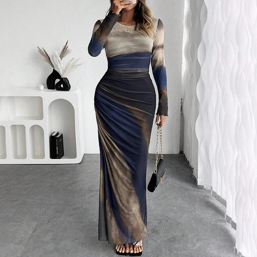 Women's New High Waist Dress Fashion Printed Waist Pleated Design Round Neck Long Sleeves Autumn Dating  Fashion Party Dress