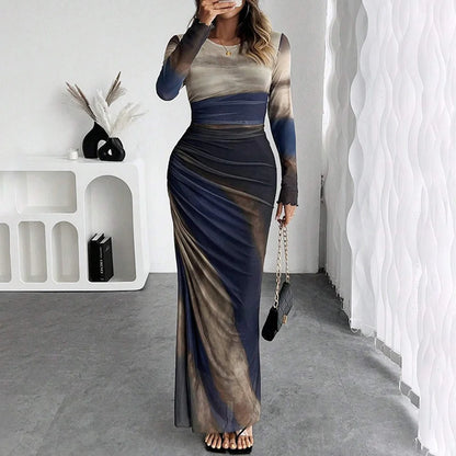 Women's New High Waist Dress Fashion Printed Waist Pleated Design Round Neck Long Sleeves Autumn Dating  Fashion Party Dress