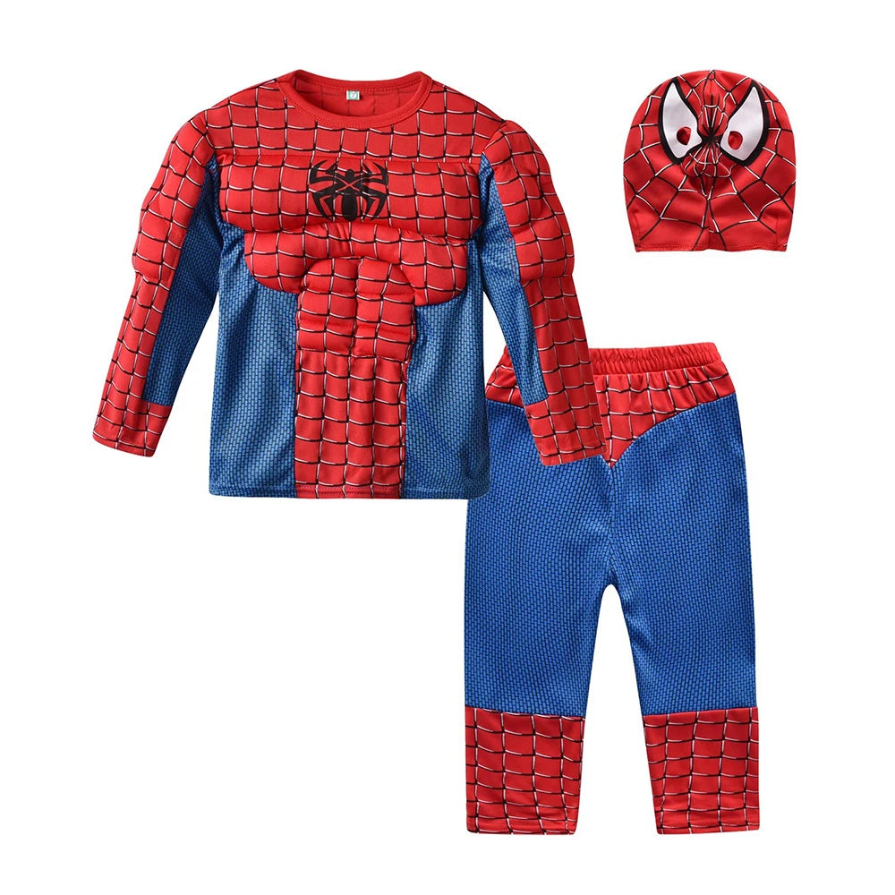 Spiderman Costume Spider-Man Muscle Suit Cosplay Superhero Avengers Boys Girls Long Sleeve Top Pant Cape Halloween Birthday Gift