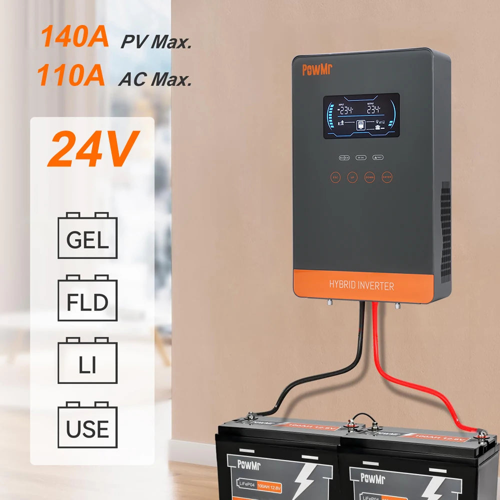 PowMr 4KW 110Vac Off Grid Hybrid Solar Inverters 24V 140A 5600W MPPT Charger Pure Sine Wave Home Inverter 6.25 Inch LCD Display