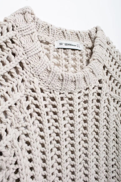 EDSA Women Chunky Knit Top with Side Straps O-Neck Short Sleeves Hollow Out Cropped Sweater Pullover for Casual Female