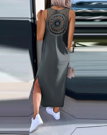 Womens Dresses Summer Fashion Slit Hollow-Out Casual Plain Round Neck Sleeveless Daily Straight Mid-Calf Dress