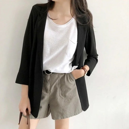 Spring Women Thin Blazers Sun Protection Suit 2025 Female Summer Black Blazer Three Quarter Sleeves OL Slim Coats Ladies Tops