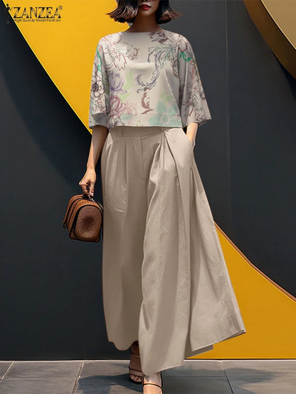 2025 ZANZEA Summer Pant Sets Fashion 2PCS Women Matching Sets O Neck 3/4 Sleeve Blouse Wide Leg Trousers Suit Casual Outfits