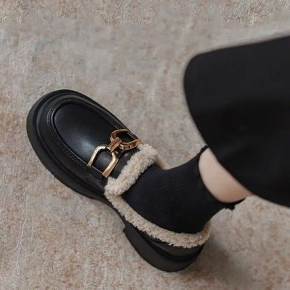 Women's Fur Lined Loafers Chunky Platform Winter Shoes Horsebit Slip On  Comfortable Flats