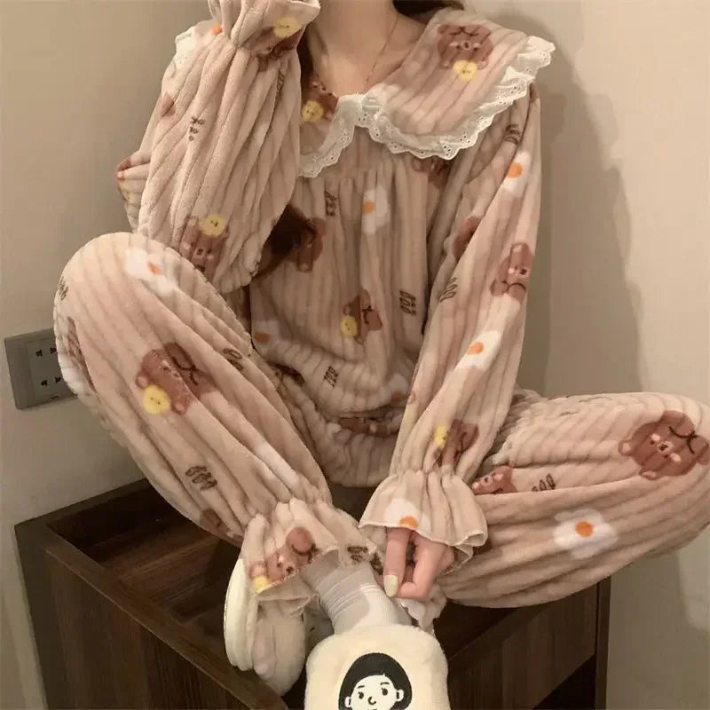 Ruffles Pajamas for Women Autumn Winter Peter Pan Collar Ruffle Sleeve Pajama Top and Elastice Waist Pants 2 Pcs Pajama Sets