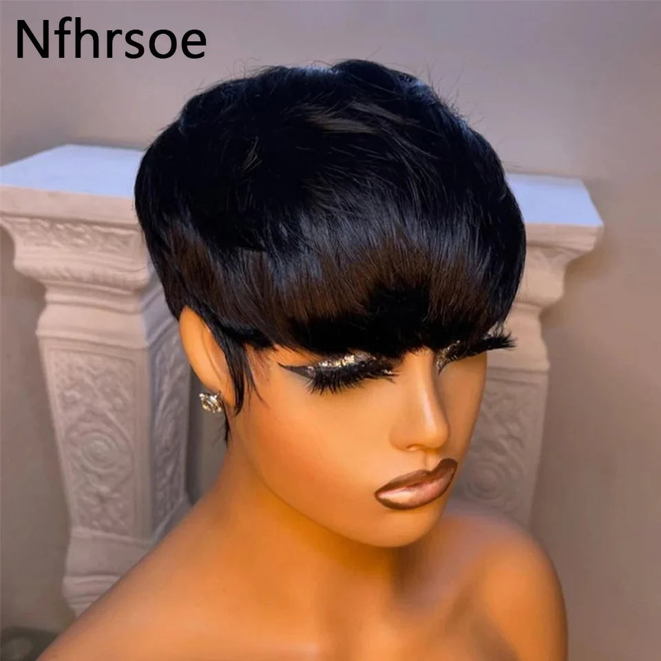 Pixie Cut Wig Human Hair Short Straight Bob Wigs For Black Women With Bangs Brazilian Virgin Hair Non Lace Front Cheap Wig Black