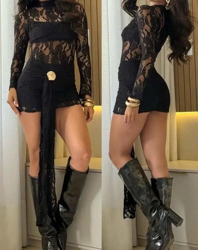 Womens Dresses Spring New Solid Color High Neck Tied Detail Shell Button Decor Sheer Lace Dress Casual Slim Fit Mini Dress