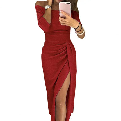 2025 Shiny Women Dress Bright Surface Sexy Off Shoulder Pleated High Waist Split Bodycon Dress Pleated Hip Wrap Evening Dress