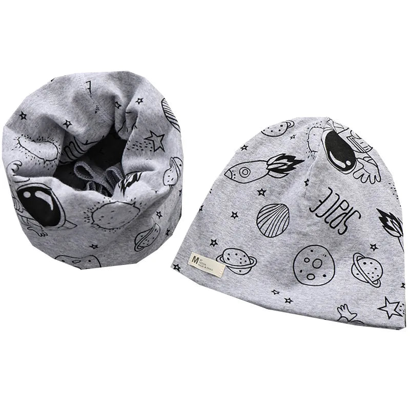 Autumn Winter Cotton Knit Children's Hat Collar 2 Set Boys and Girls Hats Set Baby Solid Color Scarf Cap two-piece