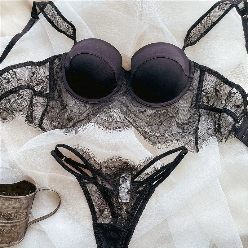 Sexy Lingerie Women Lace Transparent Underwear Embroidery Brief Set Delicate Bra Push Up Lace Gathered Edge Bra and Panty Set