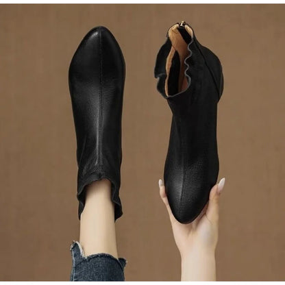 2025 Autumn Winter New Women's Soft Leather Ankle Boots - Block Low Heel, Side Zipper, Comfortable for Commuting