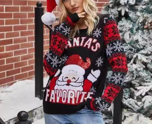 Women's Sweater Autumn New Santa Claus Embroidery Print Round Neck Long Sleeve Casual Knitwear Christmas Pullover Sweater