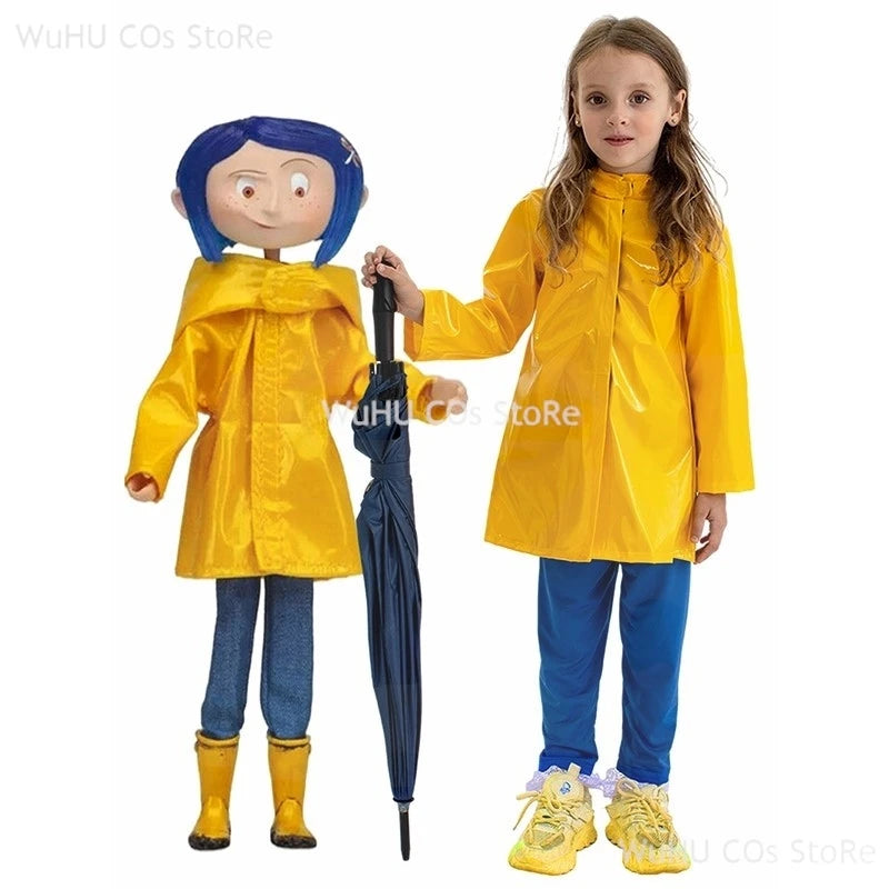 Horror Fairytale Movies Coraline Cosplay Costume Wig Size Halloween Party Scary Yellow Coat Secret Door Adult Kid Roleplay Suit