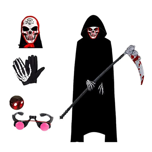 Kid Halloween Costume Set with Glowing Red Eyeglasses Skeleton Mask Death Cloak and Sickle Accessories for Scary Dress Up Partie