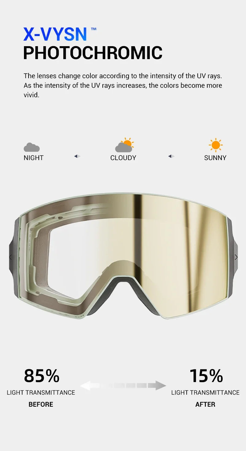 KAPVOE New Outdoor Photochromic Ski Goggles Winter Snow Sports for Unisex Snow Glasses UV400 Anti-fog Magnetic Snowboard Glasses