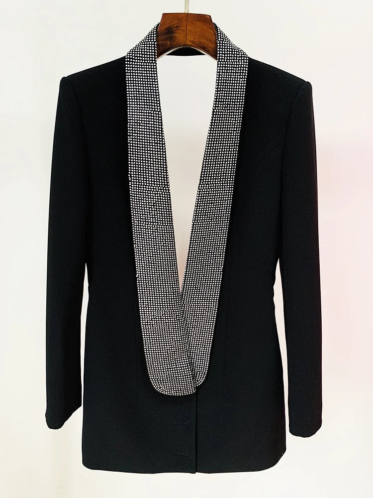 HIGH STREET Runway Fashion Designer Jacket Women's Stylish Backless Rhinestone Diamonds Beaded Shawl Collar Long Blazer
