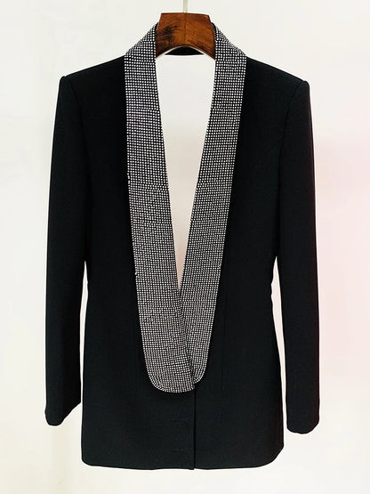 HIGH STREET Runway Fashion Designer Jacket Women's Stylish Backless Rhinestone Diamonds Beaded Shawl Collar Long Blazer
