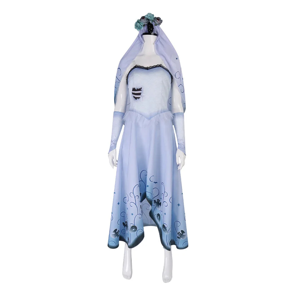 Bride Emily Cosplay Costume Wig Zombie Ghost Emily Blue Printed Dress Gothic Clothing Halloween Party Princess Dress Suit