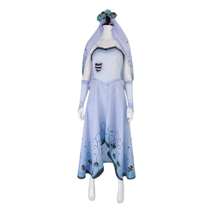Bride Emily Cosplay Costume Wig Zombie Ghost Emily Blue Printed Dress Gothic Clothing Halloween Party Princess Dress Suit