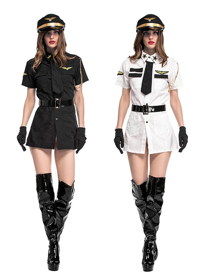 Black White Sexy Women Pilot Costumes Fancy Uniform Stewardess Cosplay Suit Carnival Masquerade Nightclub Role Play Dress