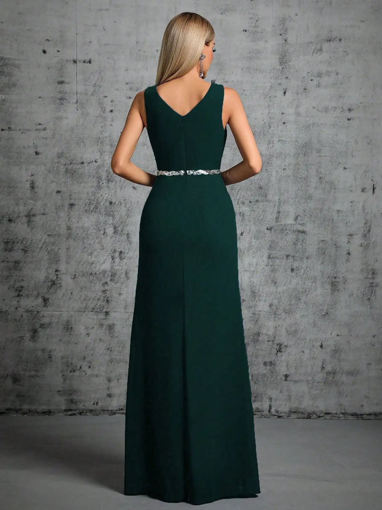 Mgiacy Shoulder deep V-neck silver sequin belt pleated chiffon slit skirt Evening gown Ball dress Party dress Bridesmaid dress