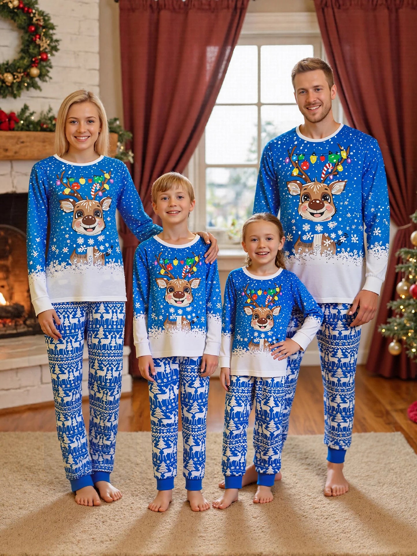 Christmas Family Pajamas Matching Set Long Sleeve Snowflake Print Top with Reindeer Print Bottoms Sleepwear Loungewear