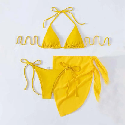 Sexy Three Pieces Bikini Set Women Summer Bikini With Sarong Skirt Solid Color Triangle Cup Tie Up Female Swimwear Swimming Suit