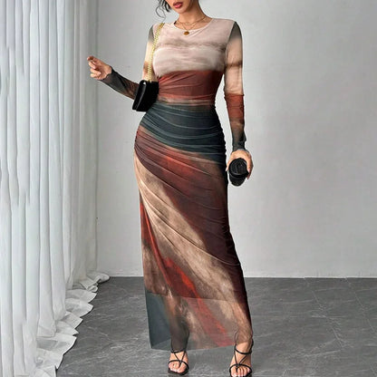 Women's New High Waist Dress Fashion Printed Waist Pleated Design Round Neck Long Sleeves Autumn Dating  Fashion Party Dress