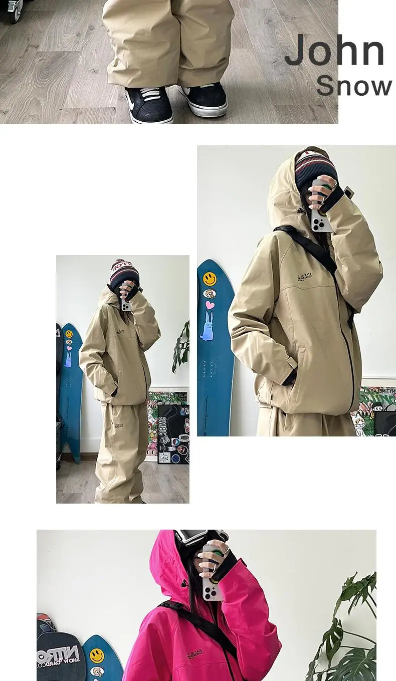 John snow 2024 New Male female couple Single and double board Ski suit set Loose type waterproof keep warm Ski pants ski jackets